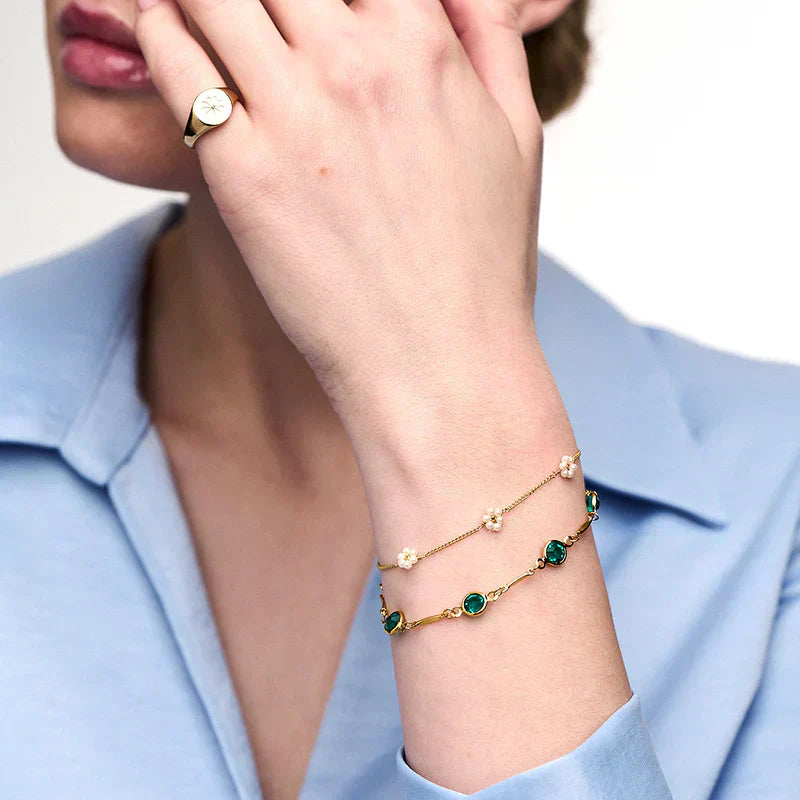 Pulseira dourada com pedras redondas verdes - Elviana