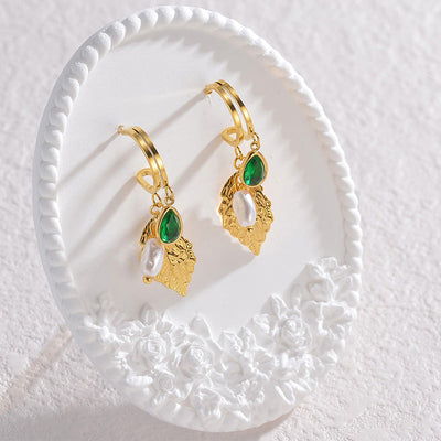 Brincos de argola com charme de folha de pérola - Zuleika