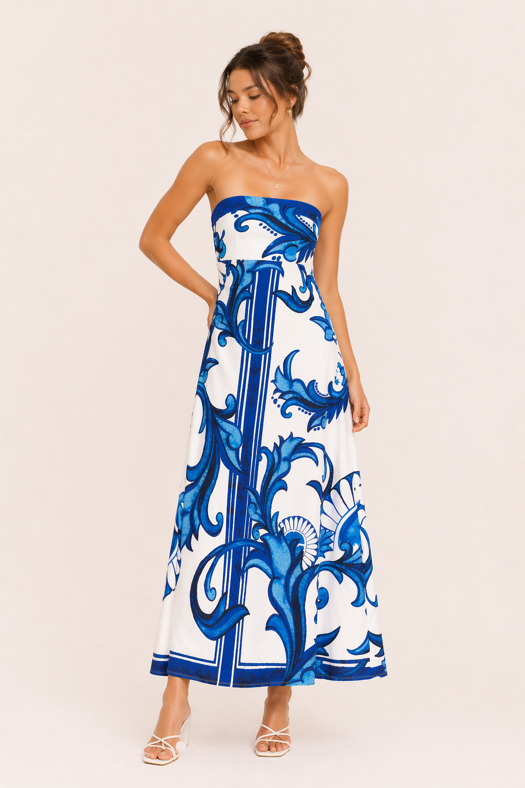 Trägerloses Midikleid für Damen - Elegantes Sommerkleid mit floralem Muster