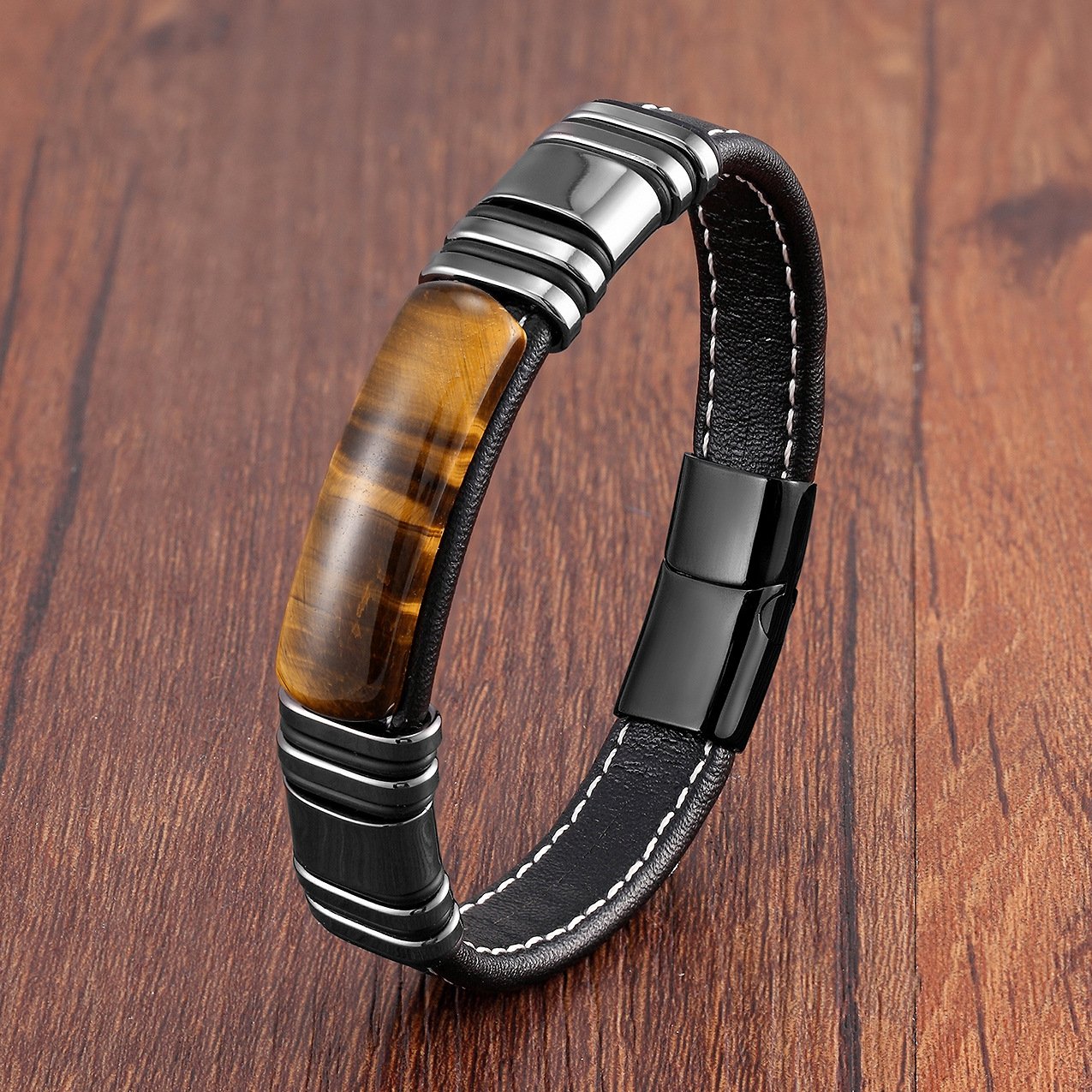 Pulseira de couro para homem com design magnético em aço inoxidável - Vulcan