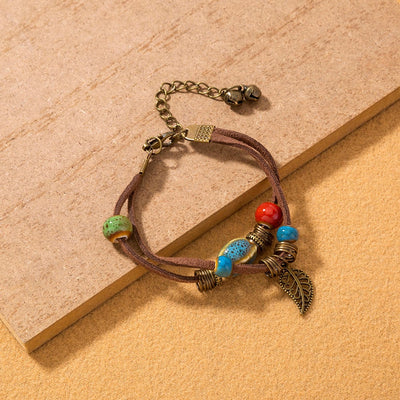 Pulseira boémia em pele com contas de cerâmica - Lantana