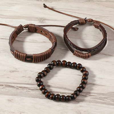 Pulseira de 3 peças em couro e corda encerada com design tribal para homem - Terrakai