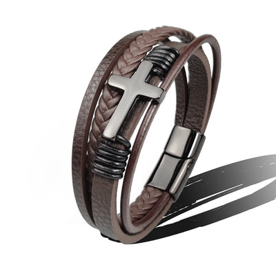 Pulseira para homem em pele tecida com cruz em aço inoxidável - Sentinel