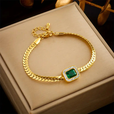 Pulseira dourada com cristal verde retangular - Liriel