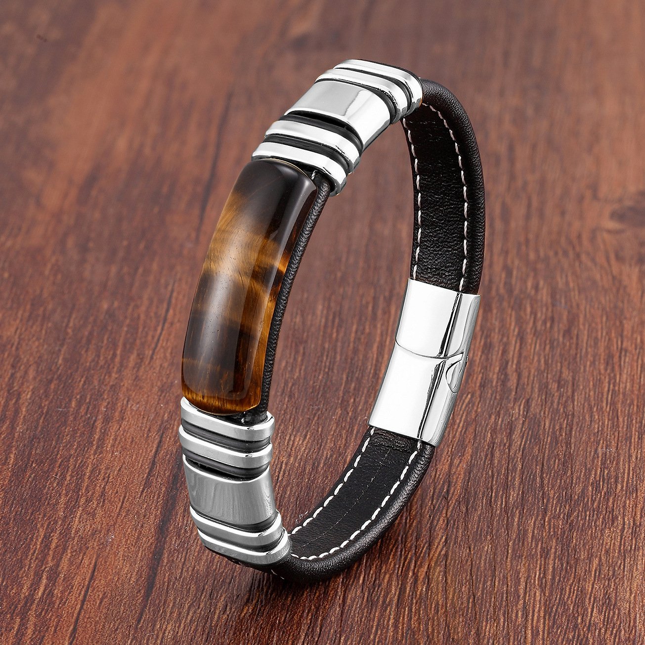 Pulseira de couro para homem com design magnético em aço inoxidável - Vulcan