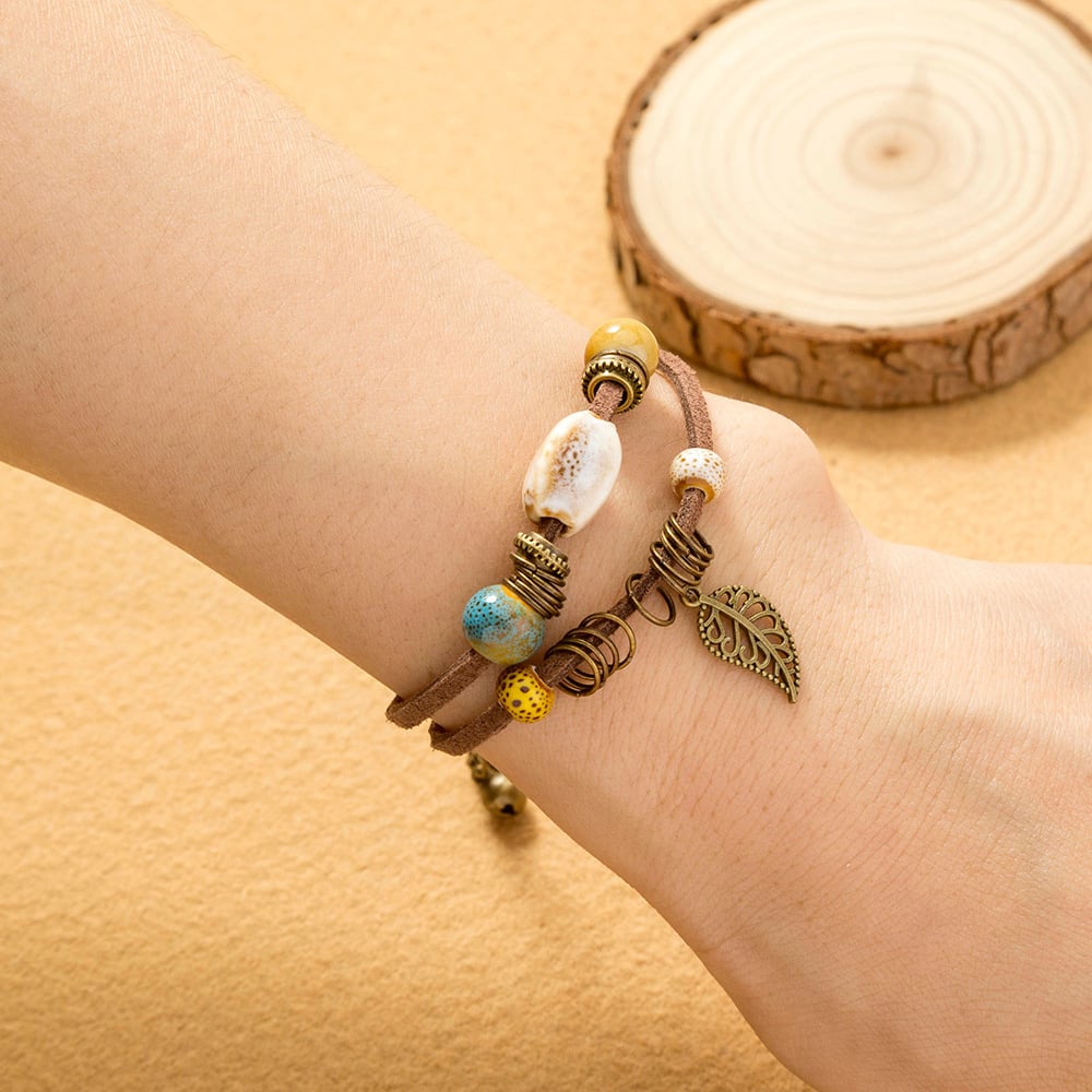 Pulseira boémia em pele com contas de cerâmica - Lantana