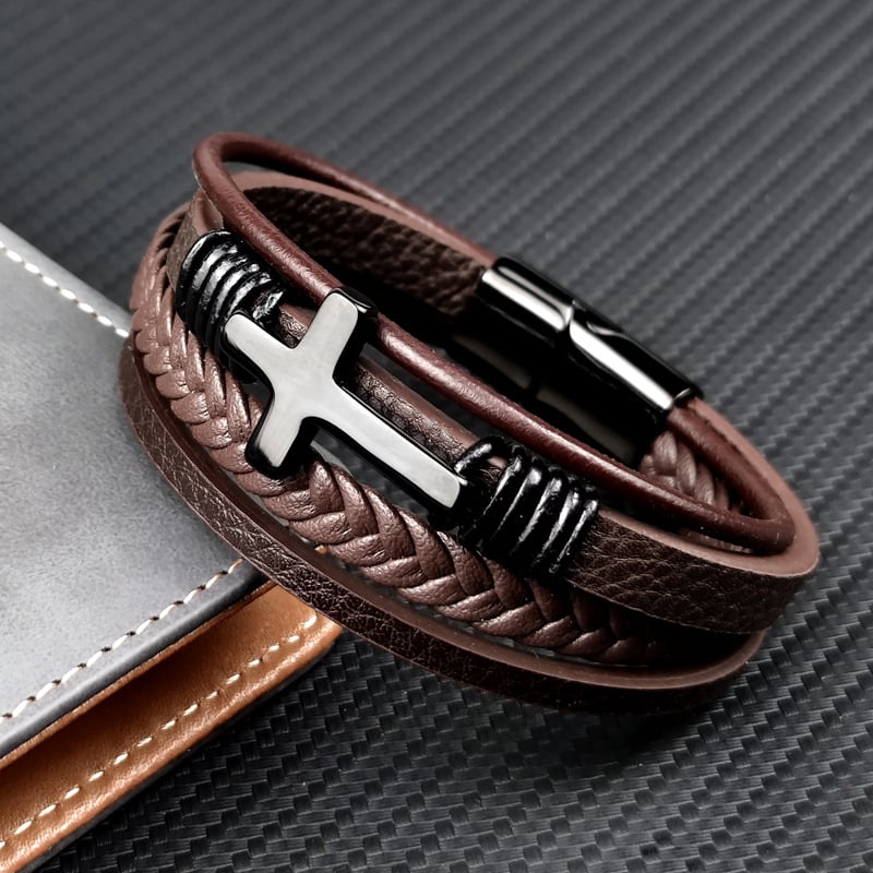 Pulseira para homem em pele tecida com cruz em aço inoxidável - Sentinel