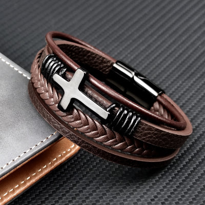 Pulseira para homem em pele tecida com cruz em aço inoxidável - Sentinel