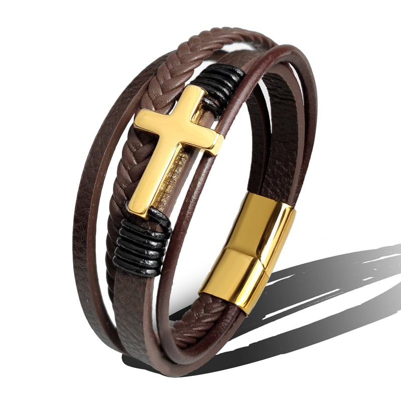 Pulseira para homem em pele tecida com cruz em aço inoxidável - Sentinel