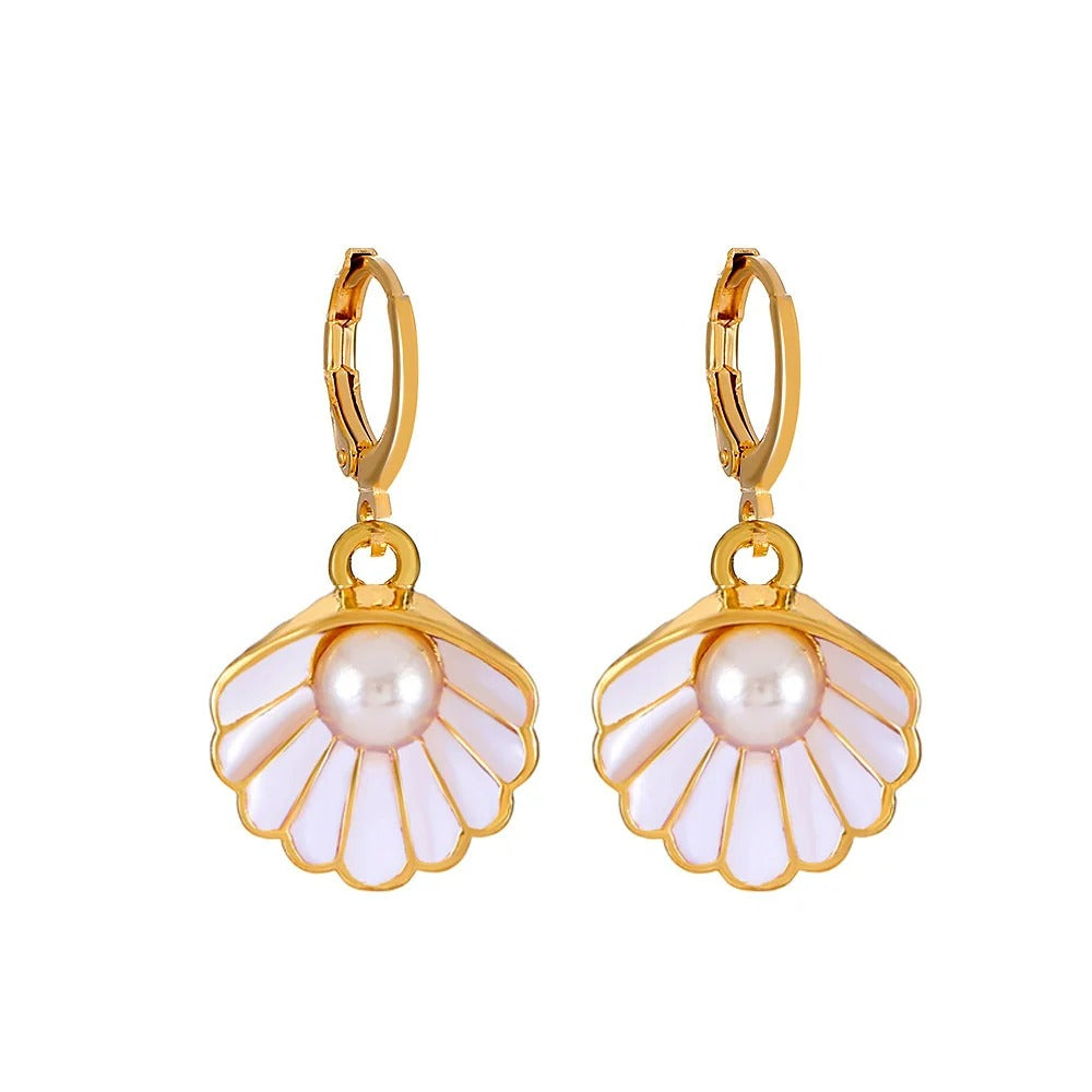 Brincos de senhora com pérolas douradas e concha rosa - Elise