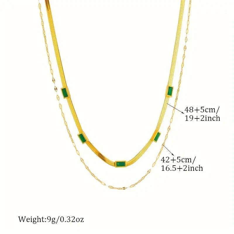 Colar duplo banhado a ouro com rectângulos verdes - Narelle