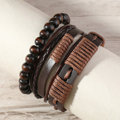 Pulseira de 3 peças em couro e corda encerada com design tribal para homem - Terrakai