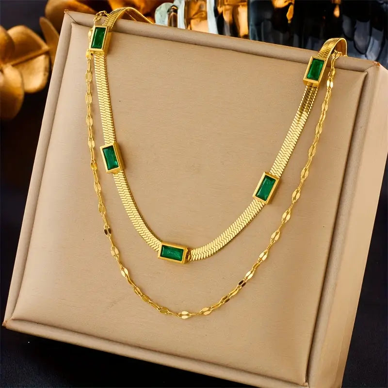 Colar duplo banhado a ouro com rectângulos verdes - Narelle