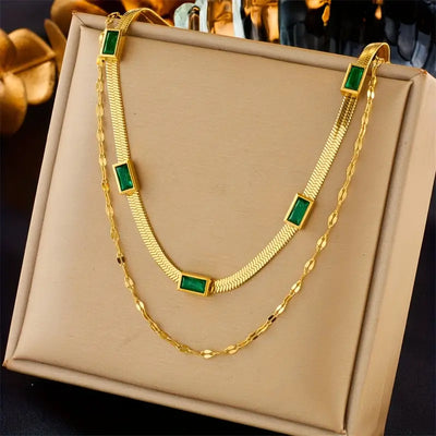 Colar duplo banhado a ouro com rectângulos verdes - Narelle