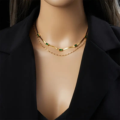 Colar duplo banhado a ouro com rectângulos verdes - Narelle