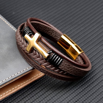 Pulseira para homem em pele tecida com cruz em aço inoxidável - Sentinel