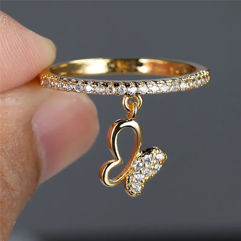 Anel Anello com zircônia em forma de borboleta pendurada em ouro - Gia