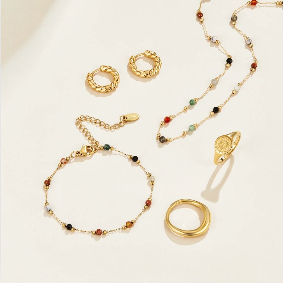 Pulseira com contas naturais e corrente fina - Xylia